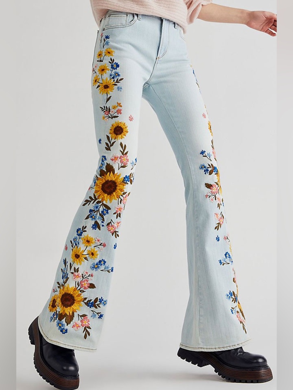 Free People x Driftwood Farrah Light Wash Sunflower Jeans